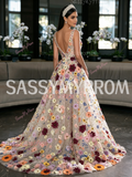 Lace Detachable Train Trumpet Mermaid Colorful Floral Prom Dress