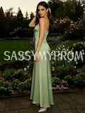 Spaghetti Straps Green Sheath Column Backless Satin Prom Dress