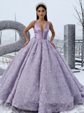 Lavender Satin Lace Flower Ball Gown Belt Prom Dress