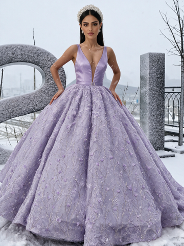 Lavender Satin Lace Flower Ball Gown Belt Prom Dress