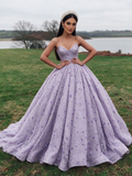 Purple Floral Lace Sweetheart Tulle Ball Gown Prom Dress