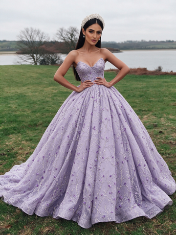 Purple Floral Lace Sweetheart Tulle Ball Gown Prom Dress