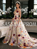 Lace Detachable Train Trumpet Mermaid Colorful Floral Prom Dress