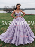 Purple Floral Lace Sweetheart Tulle Ball Gown Prom Dress