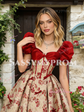 Puffy Sleeve Ball Gown Print Red Prom Dress