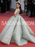 Ball Gown Flowers Green Off The Shoulder Sequin Tulle Prom Dress