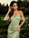 Spaghetti Straps Green Sheath Column Backless Satin Prom Dress