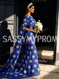 Sheath Column Lace Blue Cape Floral Round Prom Dress