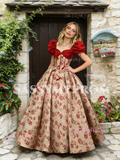 Puffy Sleeve Ball Gown Print Red Prom Dress