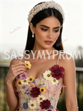A Line Flowers Colorful Lace Spaghetti Straps Prom Dress