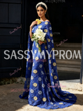 Sheath Column Lace Blue Cape Floral Round Prom Dress