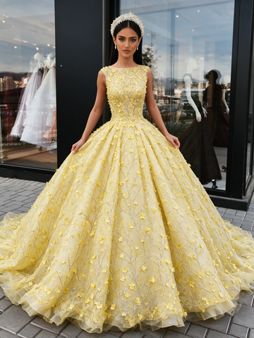 Yellow Bateau Neckline Tulle Floral Sequin Ball Gown Prom Dress