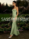 Spaghetti Straps Green Sheath Column Backless Satin Prom Dress