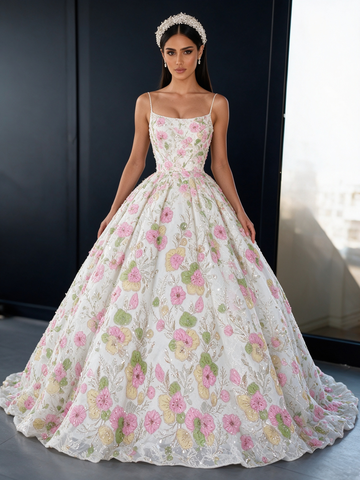Pink Spaghetti Strap Tulle Floral Sequin Prom Ball Gown