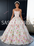 Pink Spaghetti Strap Tulle Floral Sequin Prom Ball Gown