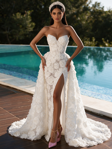 Rose White Sweetheart Sequin Sheath Prom Dress With Detachable Train