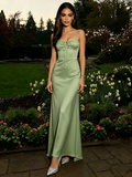 Spaghetti Straps Green Sheath Column Backless Satin Prom Dress