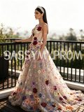 A Line Flowers Colorful Lace Spaghetti Straps Prom Dress