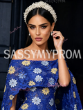 Sheath Column Lace Blue Cape Floral Round Prom Dress