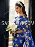 Sheath Column Lace Blue Cape Floral Round Prom Dress