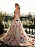 A Line Flowers Colorful Lace Spaghetti Straps Prom Dress