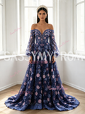 Off The Shoulder Beading Flower Purple Long Sleeve Lace Prom Dress