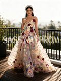 A Line Flowers Colorful Lace Spaghetti Straps Prom Dress