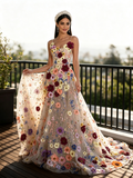 A Line Flowers Colorful Lace Spaghetti Straps Prom Dress