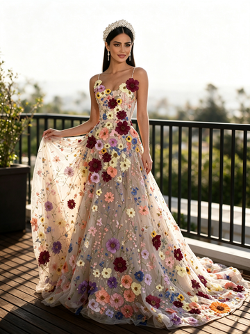 A Line Flowers Colorful Lace Spaghetti Straps Prom Dress