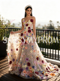 A Line Flowers Colorful Lace Spaghetti Straps Prom Dress
