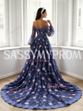 Off The Shoulder Beading Flower Purple Long Sleeve Lace Prom Dress