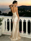 Halter Champagne Satin A-Line Backless Prom Dress