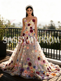 A Line Flowers Colorful Lace Spaghetti Straps Prom Dress