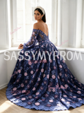 Off The Shoulder Beading Flower Purple Long Sleeve Lace Prom Dress