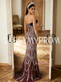 Tulle Beading Mesh Burgundy Strapless Sheath Column Prom Dress