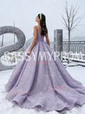 Lavender Satin Lace Flower Ball Gown Belt Prom Dress