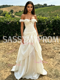 Ivory Organza Off The Shoulder Ruffles Prom Dress