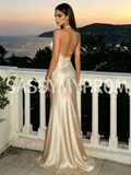 Halter Champagne Satin A-Line Backless Prom Dress