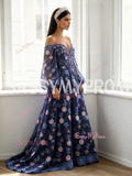 Off The Shoulder Beading Flower Purple Long Sleeve Lace Prom Dress