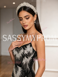 Black Pearls Trumpet Mermaid Spaghetti Straps Tulle Prom Dress