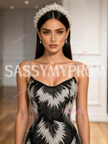 Black Pearls Trumpet Mermaid Spaghetti Straps Tulle Prom Dress