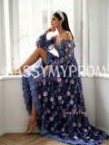 Off The Shoulder Beading Flower Purple Long Sleeve Lace Prom Dress