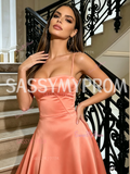 Orange Spaghetti Strap Satin A Line Prom Dress