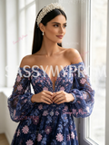 Off The Shoulder Beading Flower Purple Long Sleeve Lace Prom Dress