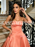 Orange Spaghetti Strap Satin A Line Prom Dress
