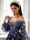 Off The Shoulder Beading Flower Purple Long Sleeve Lace Prom Dress