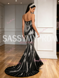 Black Pearls Trumpet Mermaid Spaghetti Straps Tulle Prom Dress