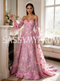 Pink Lace A Line Long Sleeves Off The Shoulder Floral Prom Dress