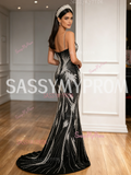 Black Pearls Trumpet Mermaid Spaghetti Straps Tulle Prom Dress