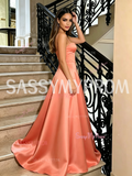 Orange Spaghetti Strap Satin A Line Prom Dress